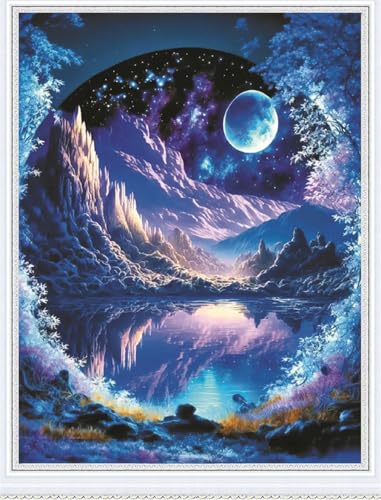 Meecaa Kreuzstich-Sets 11 Count gestempelt Landschaftsspiegelung Mondsee Stickerei-Set mit Zubehör vorgedruckt (36CMx46CM) (Landschaft)