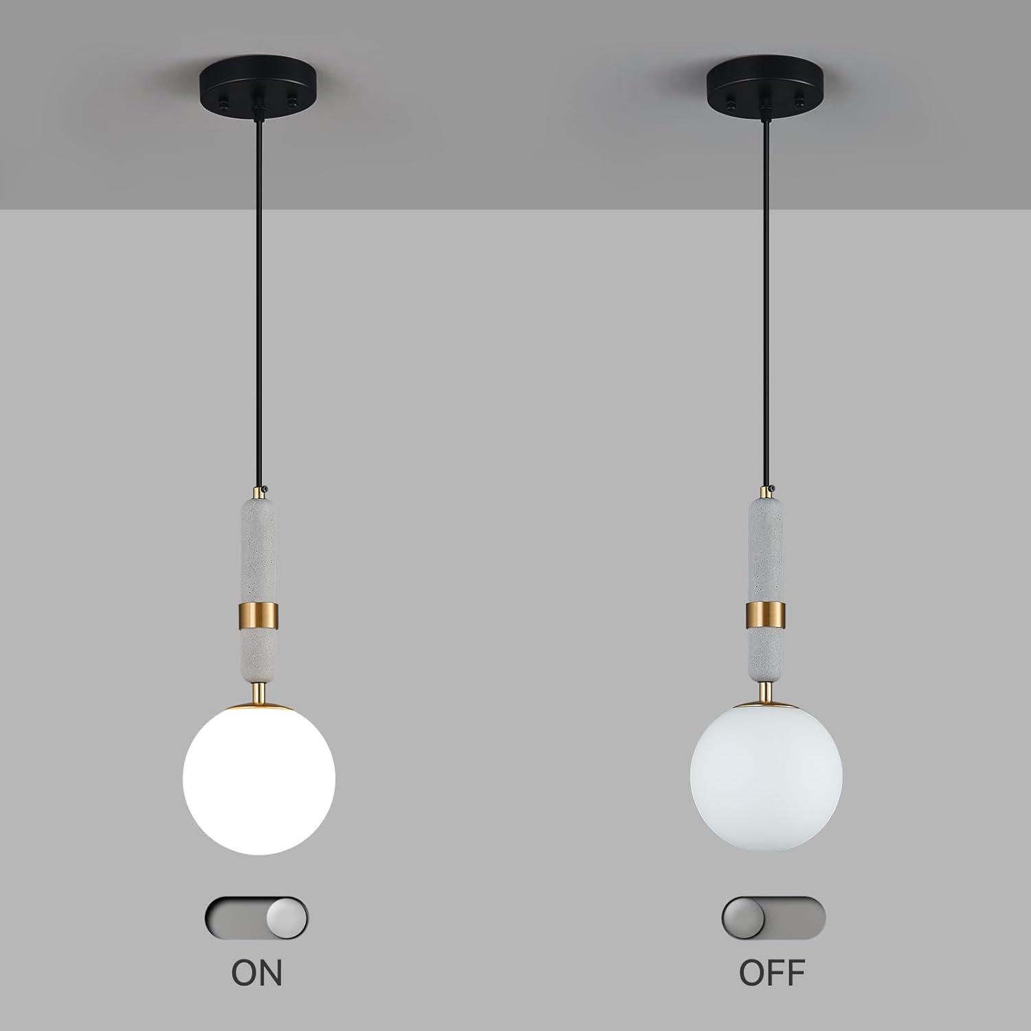Modern Gold Concrete Globe Pendant Light Mid Century Chandelier 1-Light Ceiling Hanging Lighting Fixture with White Globe Glass Lampshade for Kitchen Island Dining Room Bedroom (3-Pack)