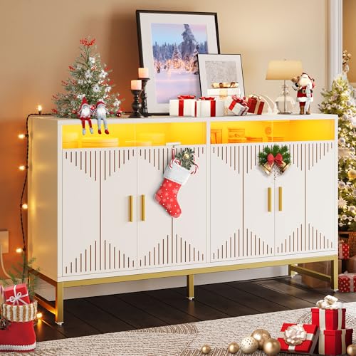 YITAHOME Sideboard Buffet Cabinet with Power Outlet, Modern Kitchen Storage Cabinet with LED Light, 55" Large Accent Cabinet Cupboard Buffet Table with Storage for Dining Room, Kitchen, Hall