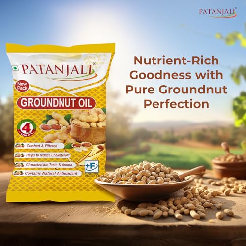 Image of Patanjali Groundnut Oil, Kacchi Ghani, Virgin, Unrefined, Cold pressed, Edible Oil for Cooking, Baking & Frying for Rich Flavour & Nutrition 750Gm Pouch