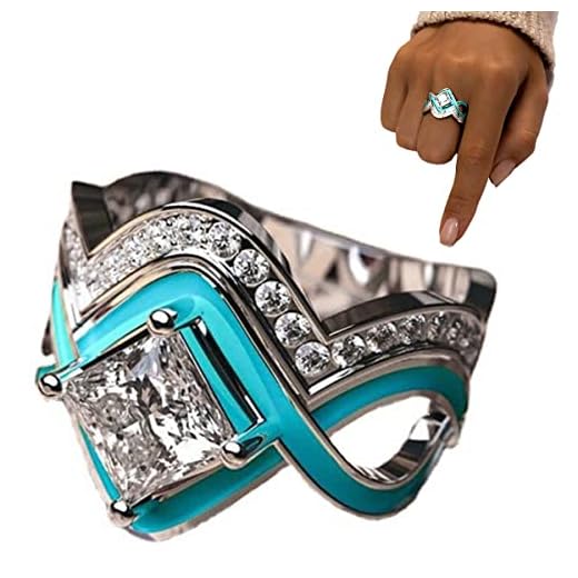 jaizu Turquoise Ocean Wave Ring, Ocean Blue Enamel Wave Ring, Creative Square Crystal Twist Couple Matching Rings for Woman Man (#9)