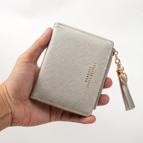 Image of KOTORA Womens Small Wallet Girls Tiny Slim Wallets Pretty Mini Card Holder Thin Short Zip Coin Purse with Love Pendant and Tassels (Silver)