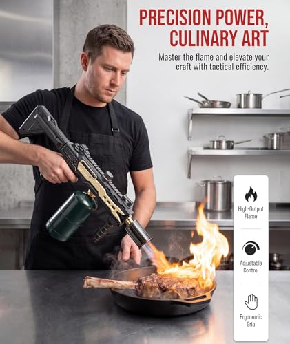 Image of Powerful Propane Torch Gun, Gift for Men Dad, Culinary Blow Kitchen Cooking Torch for Steak Searing, Campfire Charcoal Starter for Blackstone Griddle Accessories (Tank Not included) Black Gold