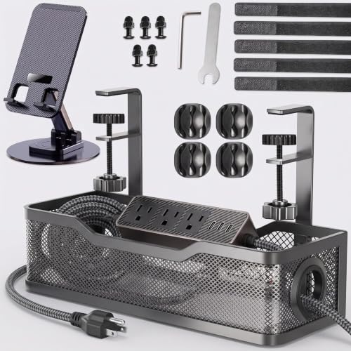 Image of Cable Management Tray for Desk with Mobile Stand | Under Desk Cable Organizer and Cable Manager for Table | Home & Office Cable Management Solution (Black)