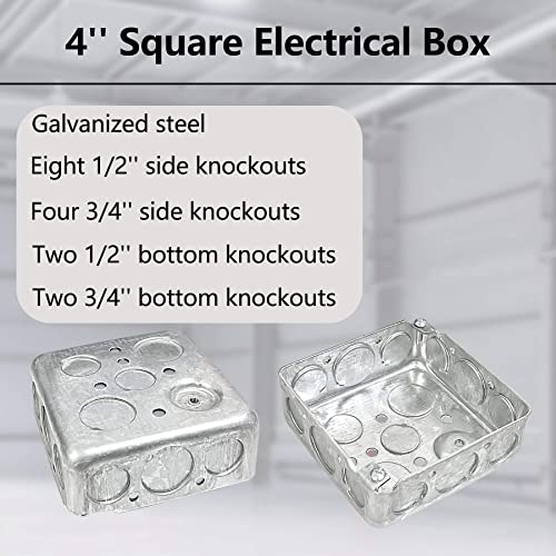 Bueyfolt 1 Pack 4" Square Electrical Box, Ten 1/2", Six 3/4" Knockouts,Suitable For Kitchen/Living Room,Round Raised Ground,Galvanized Steel Drawn Construction #TOP3
