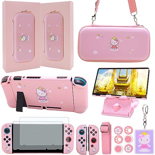 Accessories Bundle for Nintendo Switch – Cute Kawaii NS Accessories kit for Grils Boys Kids with Travel Carrying Case and Cartoon Dockable Protective Cover Case, Screen Protector, Stand – Pink