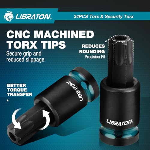 LIBRATON Impact Torx Bit Socket Set, S2 Steel Security Torx Socket Set | 1/4", 3/8" & 1/2" Drive, T6-T70 & TT6-TT70, 34PCS Impact Tamper Proof Torx Socket Set with Storage Case, Mechanic Tool Set — view 5