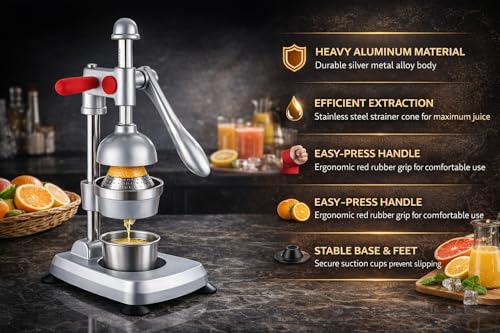 Image of Manual Citrus Juicer Heavy Duty Aluminum Hand Press - Professional Fruit Juicer for Orange, Lemon, Lime & Pomegranate - Easy Press, Durable, Kitchen Countertop Juice Extractor (Silver Grey)