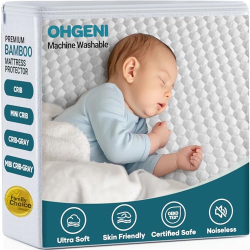 OhGeni 100% Waterproof Mattress Protector, Crib Size, Fitted Sheet with Stretchable Pockets, Deep Sleep Noiseless Soft. Breathable Cooling Hypoallergenic Material, Mattresses Cover for Bed