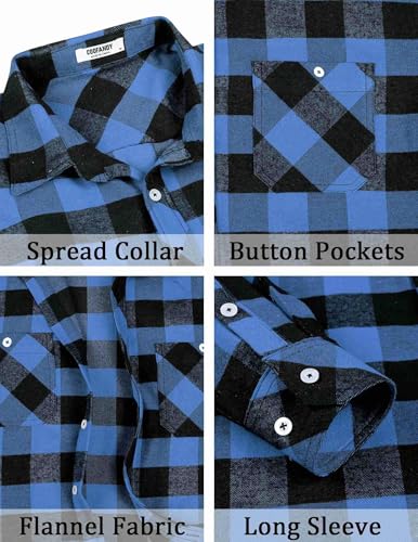 COOFANDY Men's Flannel Plaid Shirts Long Sleeve Casual Button Down Shirt with Pockets Blue