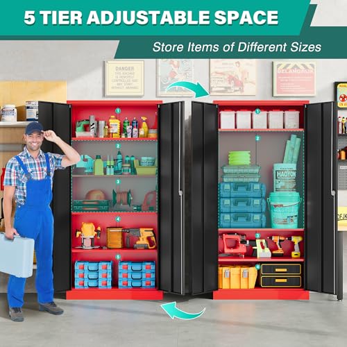 Image of SISESOL Wide & Deep Metal Storage Cabinet with Lock & Adjustable Shelves,72 inch Red Black Garage Storage Cabinet with Locking Doors,Lockable Cabinets for Home,Office,Shop,Garage,Basement 72x36x18