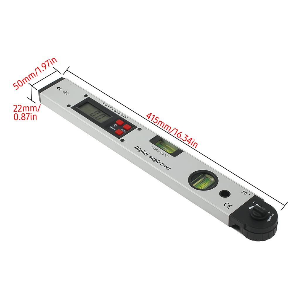 Livella angolare digitale da 16 pollici e goniometro elettrico con display LCD retroilluminato, campo di misurazione da 0 a 225 gradi, regolazione a gradini di 0,1 gradi,