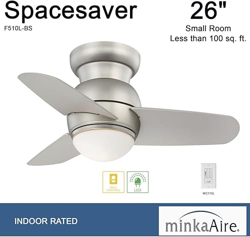 Miniatura 7 de Minka-Aire F510L-BS, Spacesaver Ventilador de techo de 26 pulgadas, acabado de acero cepillado con cuchillas plateadas
