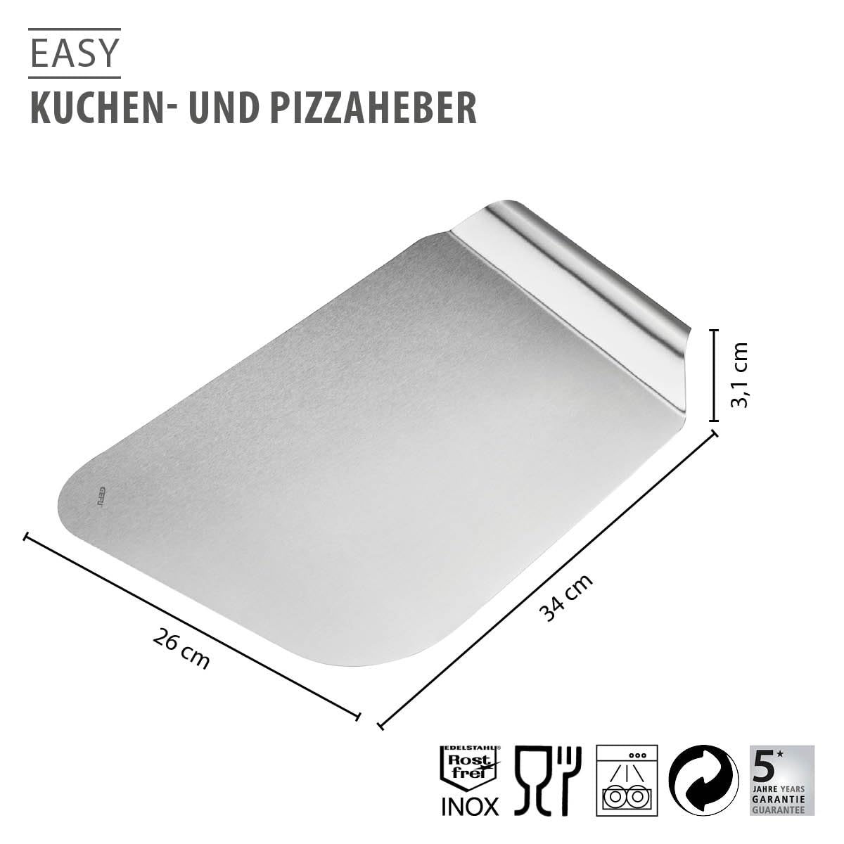 GEFU Kuchen- und Pizzaheber EASY | Edelstahl-Servierheber für Torte, Pizza & Gebäck | Pflegeleicht, spülmaschinengeeignet, sicher in der Handhabung