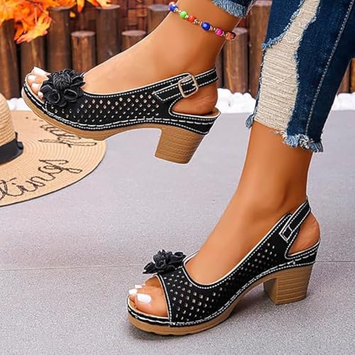 Buckled Square Heel Sandals for Women,Womens Peep Toe Slingback Low Chunky Heeled Dress Sandals Wedge Shoes2