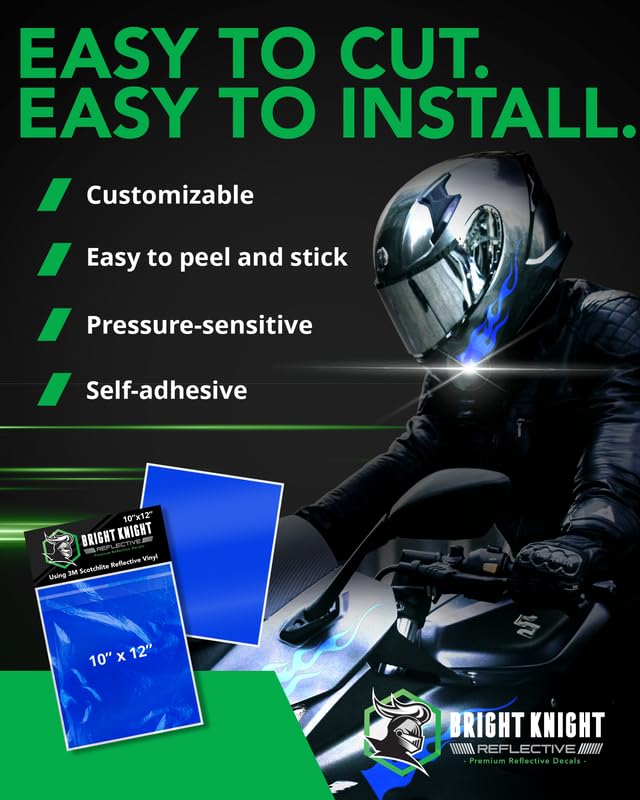 Image of Bright Knight Decals Blue 3M Reflective Tape - 10x12 Flat Sheet Vinyl Motorcycle Helmet Stickers, Waterproof Safety Vinyl Wrap, Reflective Stickers for Helmet, Hard Hats, Cars, Bikes & Rims