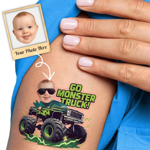 Image of Custom Monster Truck Temporary Tattoos for Kids, Set of 20 | Personalized Pre-Cut Face Photo, Birthday Party Favors, For Boys & Monster Truck Fans, Unique Celebration Gifts