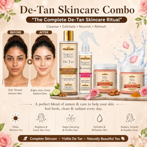 Image of Khadi Kayee Ayurveda Skin Brightening Detan Kit with Face Wash, Scrub, Face Pack & Rose Toner for Tan Removal, Oil Control and Daily Glow Care - Pack of 4