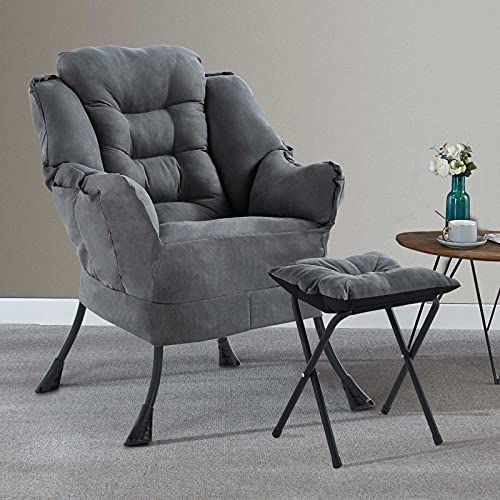 Modern Lazy Chair Single Sofa With Bench, Comfy Armchair Soft Lounge Accent Chair With Footstool/Side Pockets/Thick Cushion For Living Room, Bedroom, Office (Dark Grey) #TOP1