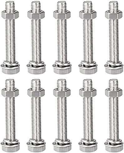 sourcing map M8 x 50mm Hex Head Screws Bolts, Nuts, Flat & Lock Washers Kits, 304 Stainless Steel Fully Thread Hexagon Bolts 10 Sets