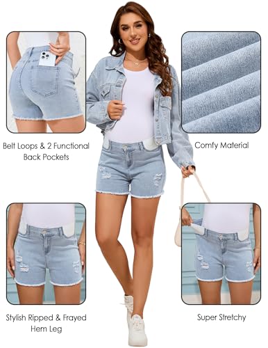 Image of PACBREEZE Women's Maternity Mid-Rise Stretch Denim Shorts Trendy Soft Frayed Hem Pregnancy Shorts, S-XXL