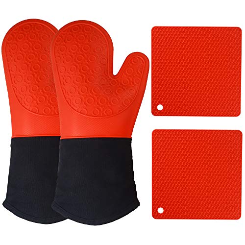 Oven Mitts and Pot Holders - Silicone Oven Mitt 4-Piece Set Hot Pads Trivet Mats Oven Gloves Heat Resistant- for BBQ Grilling Baking Kitchen Cooking Gloves with Thicker Quilted Liner Red