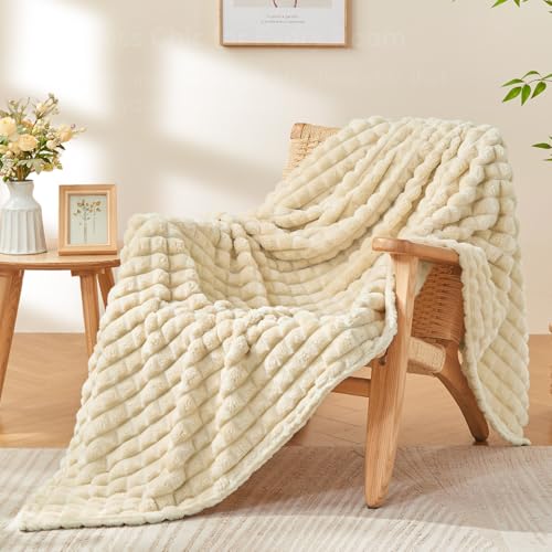 Image of BEDELITE Beige Fleece Twin Blanket for Couch Dorm Room Decor, 60x80 Inch