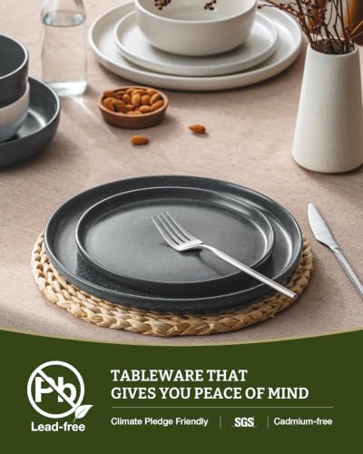 Image of Famiware Milkyway Plates and Bowls Sets, 12 Pieces Dinnerware Sets, Reactive Glaze Dish Set, Stoneware Dishes Set for 4, Matte Beige White & Matte Dark Charcoal