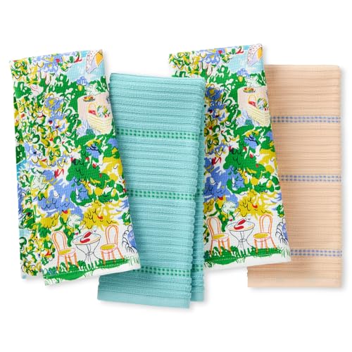 kate spade new york Spring Garden Kitchen Towels 4-Pack Set, Absorbent 100% Cotton, Blue/Green/Beige, 17"X28"