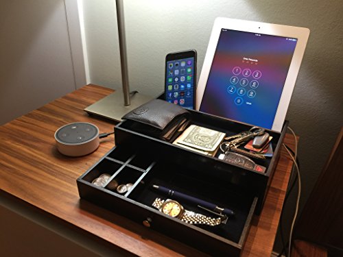 Valet Drawer Charging Station – Black Nightstand Organizer Wallet And Key Tray Holds Watches, Jewelry, Tablet - 5 Compartment Cell Phone Holder for Men And Women - Thumbnail 5