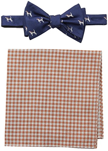 Tommy Hilfiger Men's Dog and Gingham Self-Tie Bow Tie and Pocket Square Set, Brown, One Size