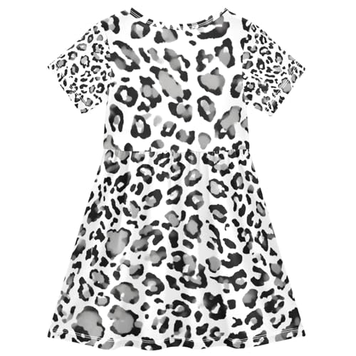 Toddler Girls Dress Short Sleeve A Line Kids Summer Sundress with Black Grey Leopard Spots Print UPF50+ Quick Dry, 2T2