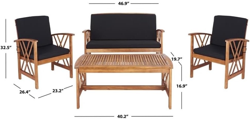 Pemberly Row Transitional Wood 4-Piece Outdoor Set, Natural/Black Finish, Acacia and Galvanized Steel, Weather-Resistant Patio Furniture with Bench, Chairs, and Table for Garden, Poolside, Hosting Use