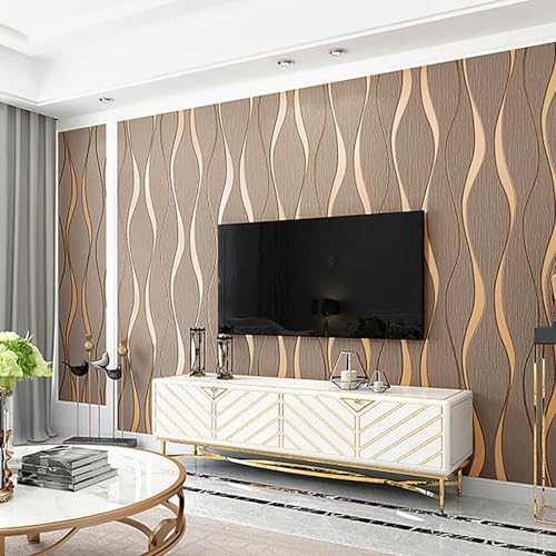Anttyscar Non-Woven Wallpaper Glitter Effect Textured 3D Flocking Embossed Wallpapers Wave Stripes Wall Paper Roll for Living Room Bedroom Brown 53cm x 9.5m