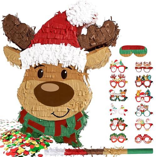 MUWOOB Christmas Elk Pinata Set with 12 Pieces Paper Glasses, Wood Stick, Blindfold and Confetti, 16\" Large PiÃ±ata de Navidad for Holiday Party Decorations and Festive Games