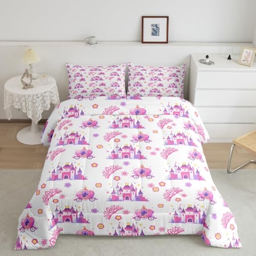 Image of Feelyou Kids Princess Castle Bedding Set Full Size, Fairytale Duvet Insert Pumpkin Carriage Comforter Set Boys Girls Teens Bedroom Decor 3Pcs