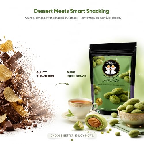 Image of DRIYOZ Pistabite Pista Flavour Chocolate Coated Almonds 250g | Premium Crunchy Badam with Rich Pistachio Chocolate Granules | Gourmet Sweet Nut Snack for Gifting & Snacking