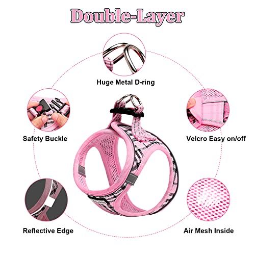 Suredoo Hundegeschirr Kleine Hunde mit Leine, Anti Zug Geschirr Reflektierend Atmungsaktiv Brustgeschirr, Welpengeschirr für Kleine Hunde (Rosa Kariert, XXS, Brust: 22-24cm)