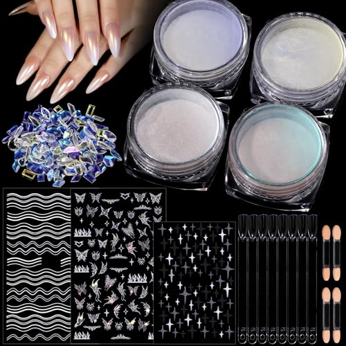 Teenitor Pearl Chrome Nail Powder Kit, 4pcs Nail Chrome Powder for Nails, Chrome Powder for Gel Nails, Cromer Nail Powder Art Nail Art Kit White Chrome Nail Powder, Chrome for Nails
