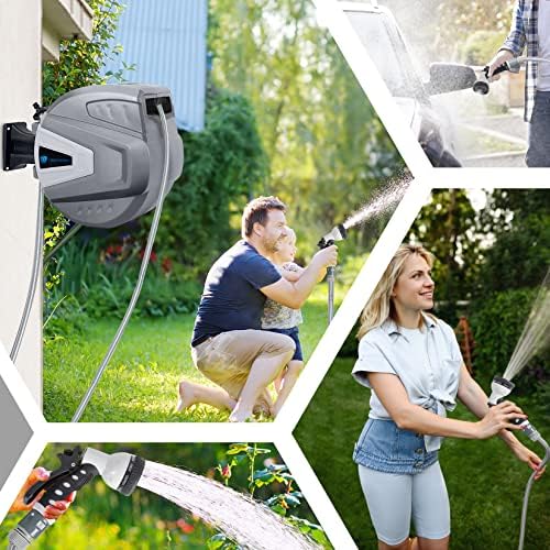 Garden Hose Pipe Reel 20 M+2M with 9 Function Spary Nozzle, ORIENTOOLS Roll-up Automatic Garden Hose Reel Wall Mounted for Garden Cleaning and Watering