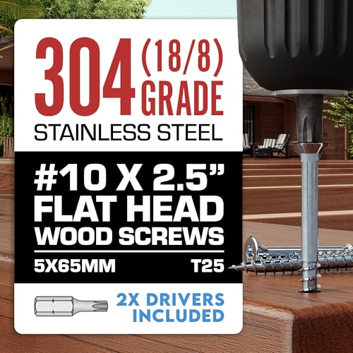 Image of #10 x 2 1 /2 Inch Stainless Steel Deck Screws | 304 Grade (1750 Pack) | Flat Head T25 Star Torx Drive | Stainless Steel Screws by Eagle Claw Fasteners | Corrosion & Rust Resistant (2 Drivers Included)