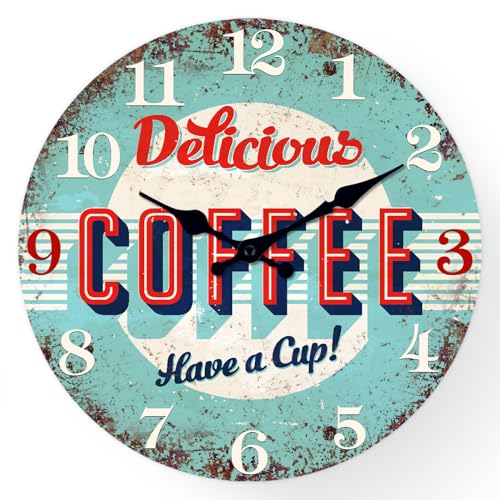 Image of XFM Big Retro Coffee Wall Clock for Kitchen Cafes Bar 16 Inch | Silent Non-Ticking Battery Operated Vintage Blue Wooden Rustic Round Decorative for Living Room Farmhouse Office
