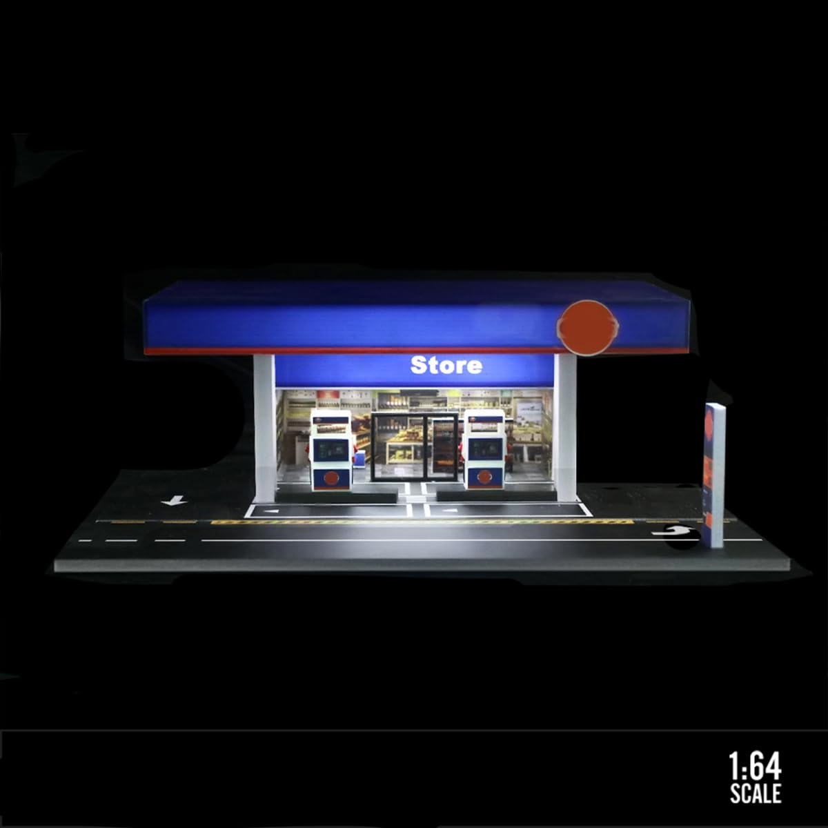 Miniaturowy wyświetlacz stacji benzynowej Gulf, skala 1/64, garaż z oświetleniem LED, kompatybilny model architektoniczny do kolekcji samochodów DIY (samochody i figurki nie są dołączone)