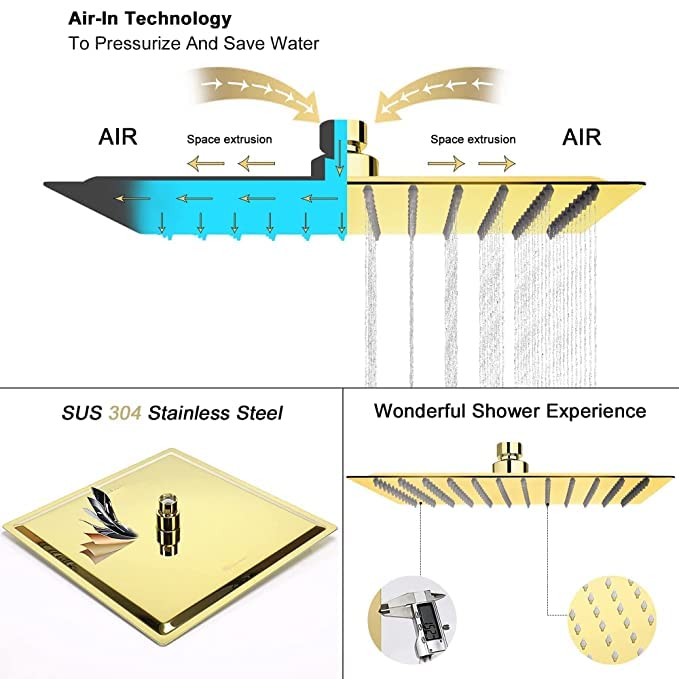 Image of TOSCH Stainless Steel 304 12X12 INCHES Showerhead Grade High Pressure GOLD Square Extra Heavy Rainfall Ultra Slim Ceiling or Wall mount Overhead Shower Only (WITHOUT ARM) Gold Matte Finish (Series-Super Heavy)