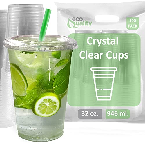 Clear Plastic Disposable Cups with Lids and Smoothie Straws 100 count - 32 oz (ounces) Clear PET Cup for Smoothies, Protein Shakes, Bubble Tea, Iced Coffee, Boba, Fresh Juice, Meal Prep, Party Cup