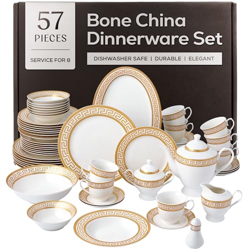 Joseph Sedgh Collection 57-Piece Bone China Dinnerware Set, Service for 8, White and Golden Greek Key