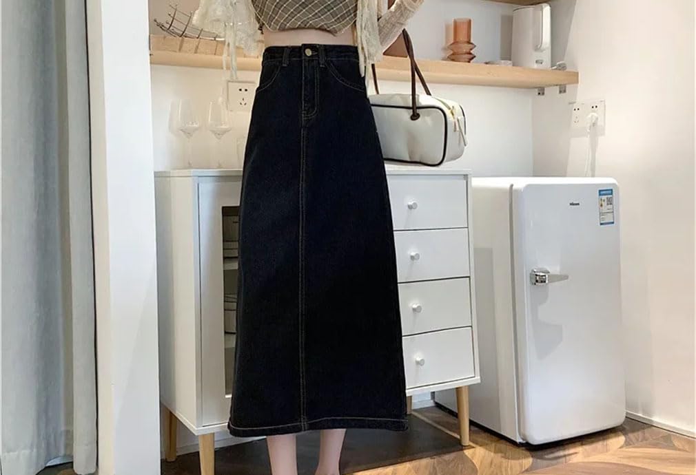 Jupe en jean mi-longue pour femme taille haute amincissante A-Line