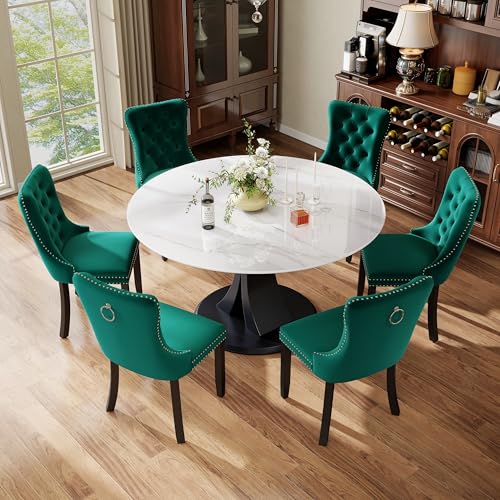Image of 7-Piece Dining Table Set with 47In Faux Marble Table and 6 Velvet Upholstered Chairs, Modern Scandinavian Furniture for Dining Room Kitchen(Green)