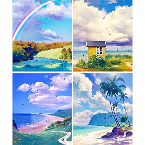 CAYUDEN Paint by Numbers for Adults, 4 Pack Landscape Acrylic Oil Painting by Numbers for Adults Kids Paint by Numbers Kit with 3 Brushes Canvas Picture by Numbers for Beginner Children Cover