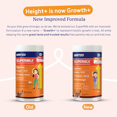Image of Gritzo SuperMilk Growth+ (10-12y Girl), Double Chocolate, 400g | 12g Protein with 20 Vitamins & Minerals | Zero Refined Sugar